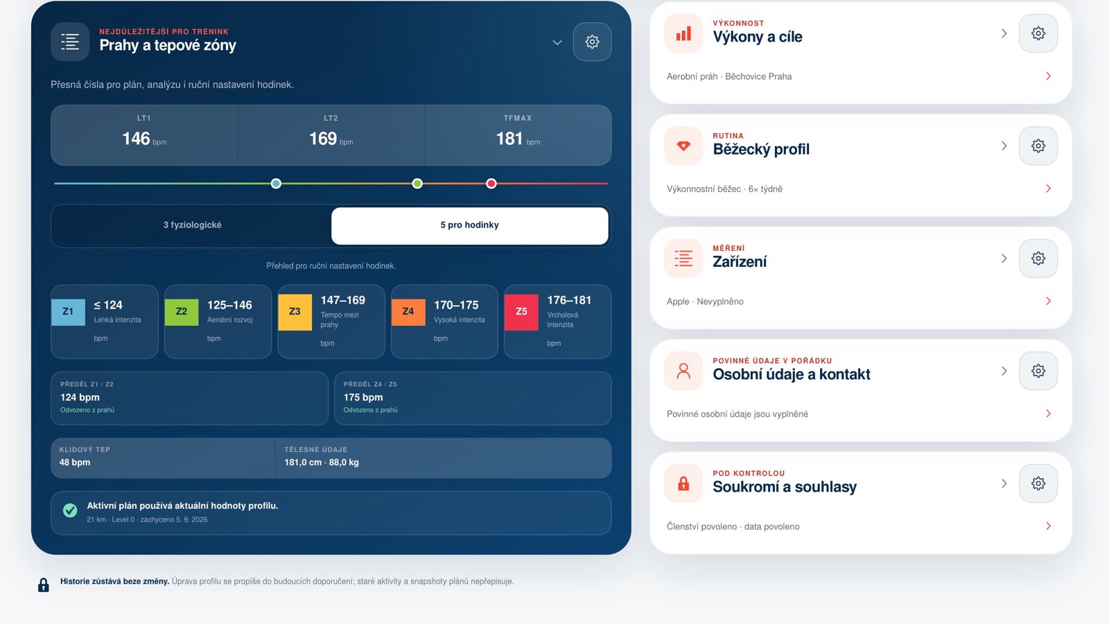 Běžecký profil s osobními prahy, tepovými zónami a nastavením člena