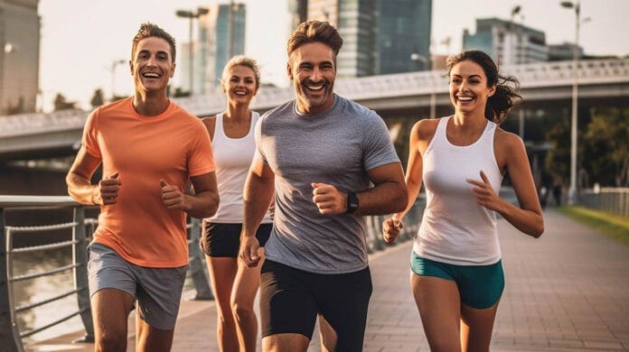 Group of friends jogging together, vibrant city park. Generative ai.