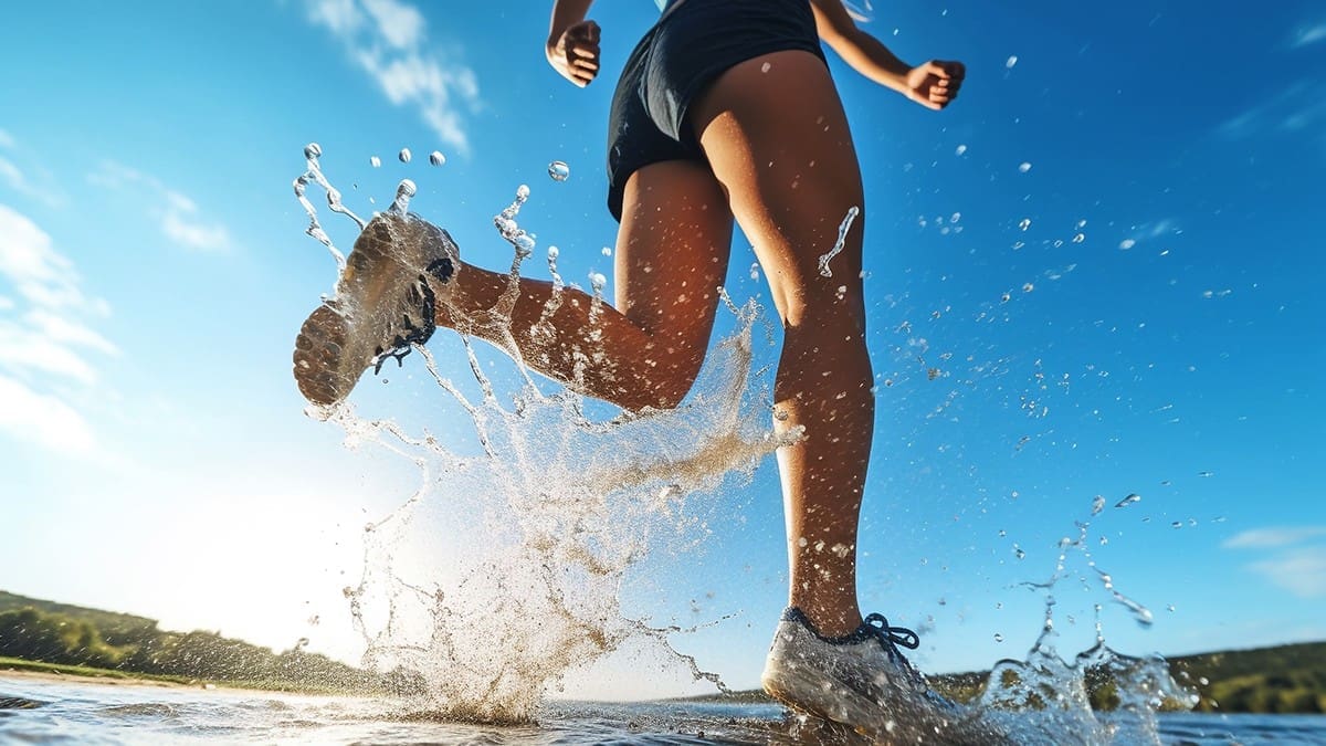 Young woman athlete race runners over stream with water splash o