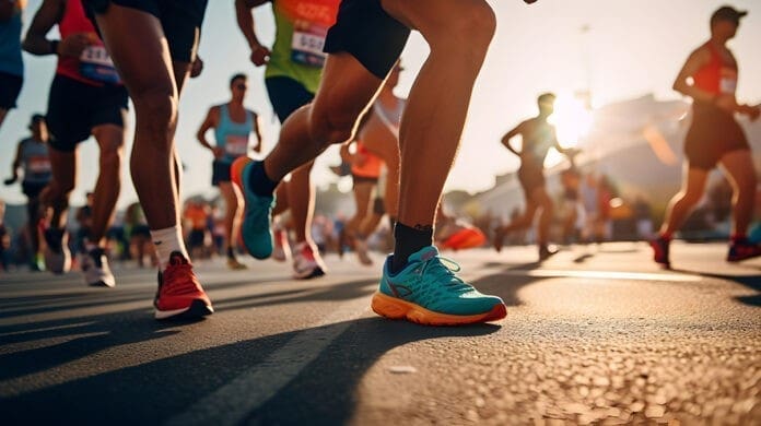 A group of men runners running in a road race, marathon run cont