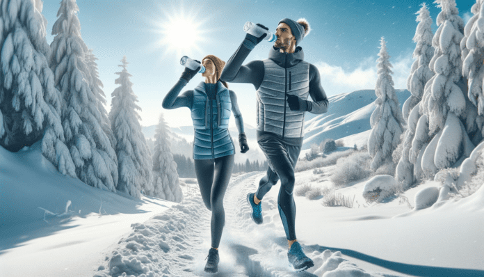 DALL·E 2023-12-23 05.43.26 - A hyperrealistic image of a male and female runner, appropriately dressed in layered winter running attire, drinking water while running through a sno Běh v chladném počasí, hydratace v zimě
