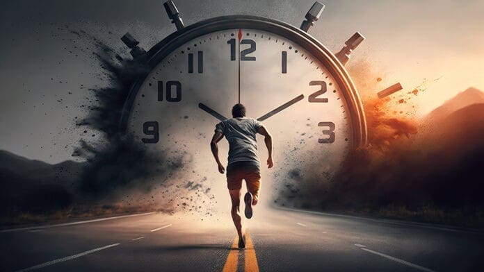 The runner runs to a giant watch in the desert. Race against time, limited time, work-life balance, ageing, Generative AI
