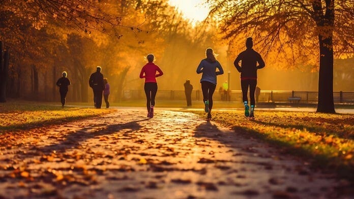 A group of runners running at sunrise in the park during autumn.
